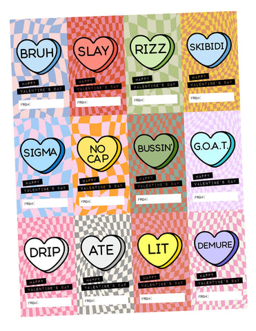 Candy Hearts Slang Words Valentine's Day Cards for School, Gen Alpha Kids, Teens, Tweens, Brain Rot Humor, 2 x 3.5 inches, Set of 24 cards