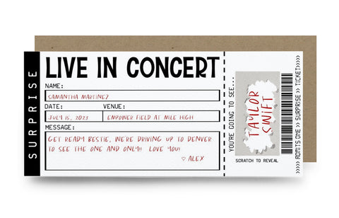 Personalized Surprise Concert Ticket Scratch Off Card with Envelope - Live in Concert - Special Occasion - Music