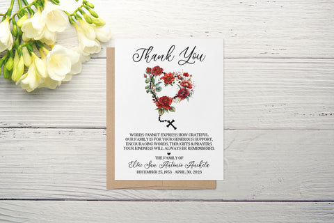 Personalized Funeral Acknowledgement Cards - Floral Rosary Forever in our Hearts
