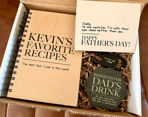 Personalized Dad Gift Set, Greeting Card, Recipe Book, Bottle Opener Keychain, Coaster, Father's Day, Birthday