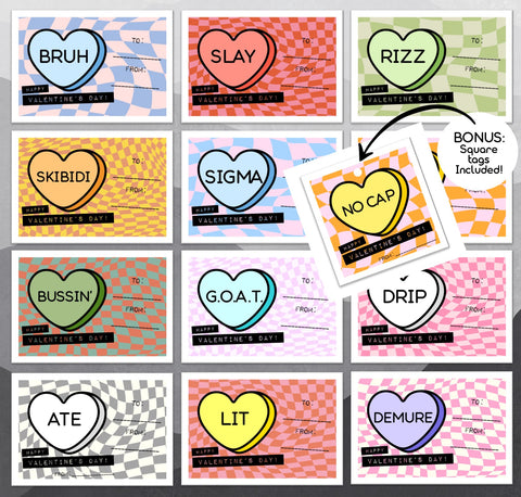 Gen Alpha Slang Candy Hearts Valentines Day Cards for School, Bonus Tags, Non-Customizable, DIGITAL, PRINTABLE, Brain Rot Humor, PDF Files