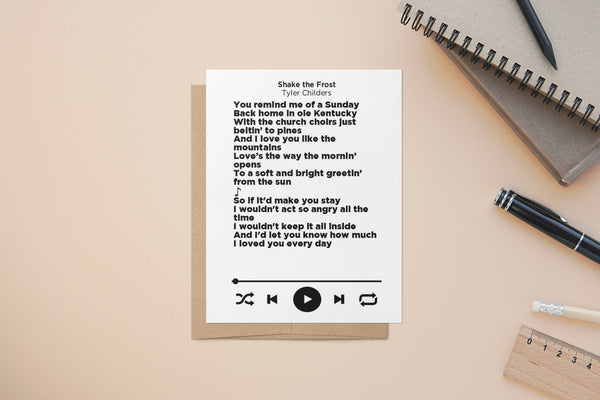 Song Lyrics Card, song and artist, customizable, A2 Size Greeting Card
