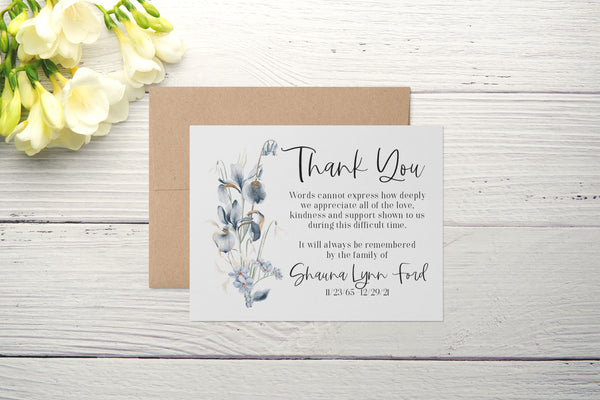 Personalized Funeral Acknowledgement Cards - Floral Blue Bouquet