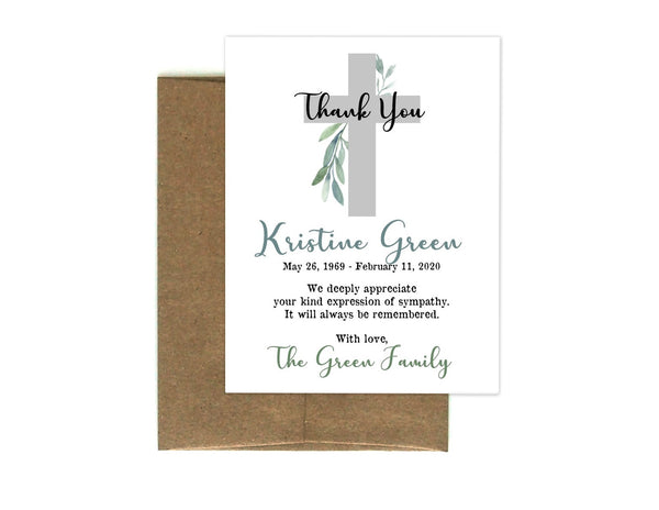 Personalized Funeral Acknowledgement Cards - Cross with leaves