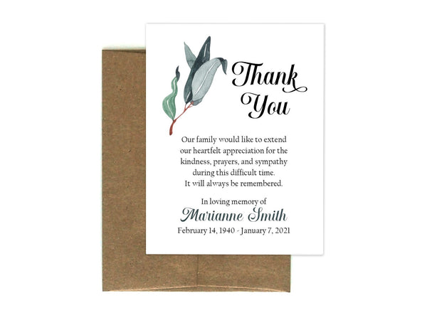 Personalized Funeral Acknowledgement Cards - Eucalyptus Leaves