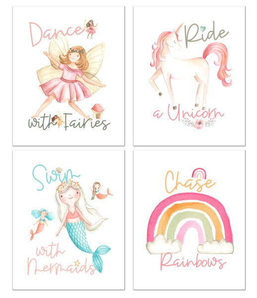 Dance with Fairies, Ride a Unicorn, Swim with Mermaids, Chase Rainbows - Set of 4 Prints - DIGITAL Download Printable File