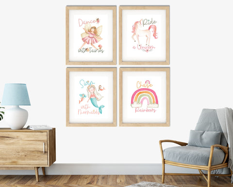 Dance with Fairies, Ride a Unicorn, Swim with Mermaids, Chase Rainbows - Set of 4 Prints - DIGITAL Download Printable File