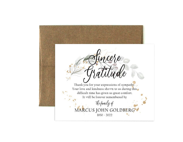 Personalized Funeral Acknowledgement Cards - Greenery Gold Dust