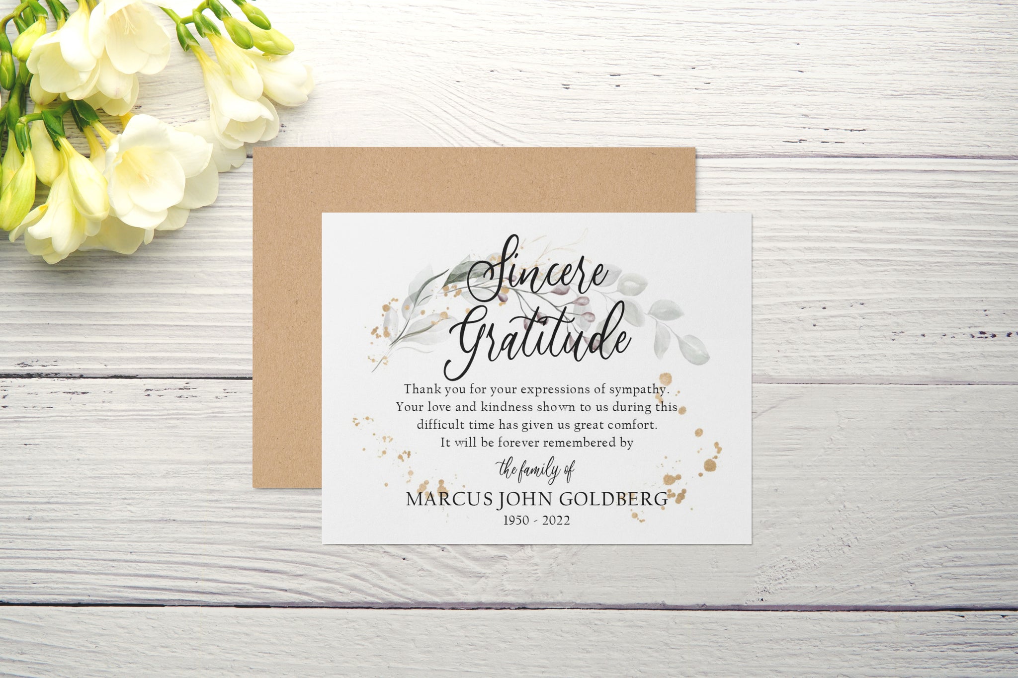Personalized Funeral Acknowledgement Cards - Greenery Gold Dust