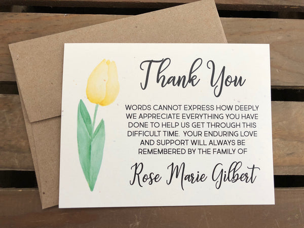 Personalized Funeral Acknowledgement Cards - Yellow Tulip