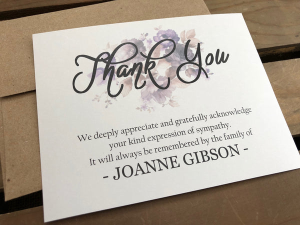 Personalized Funeral Acknowledgement Cards - Floral Purple