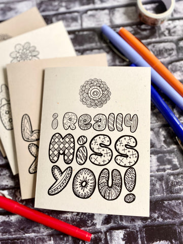 Kids Doodle Greeting Cards - I really miss you - Coloring Card  - Set of 4