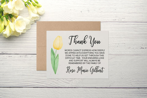 Personalized Funeral Acknowledgement Cards - Yellow Tulip